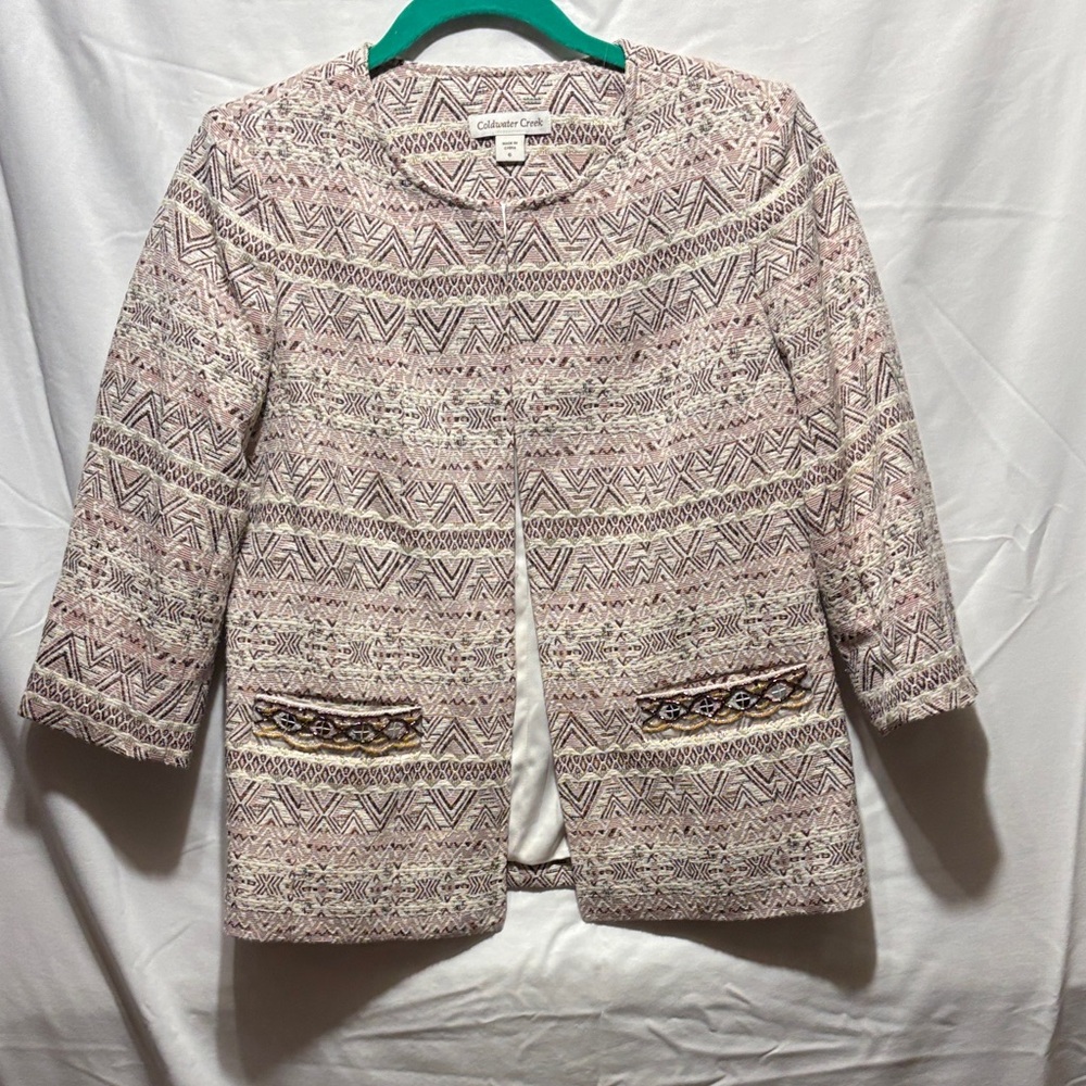 Coldwater Creek Pink Textured Open-Front Jacket with Patterned Accents